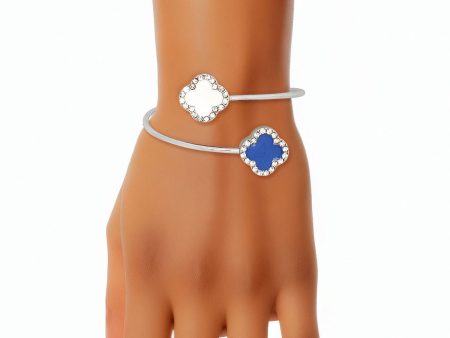 ZPB Sorority Blue White Stone Clover Open Bangle Cheap