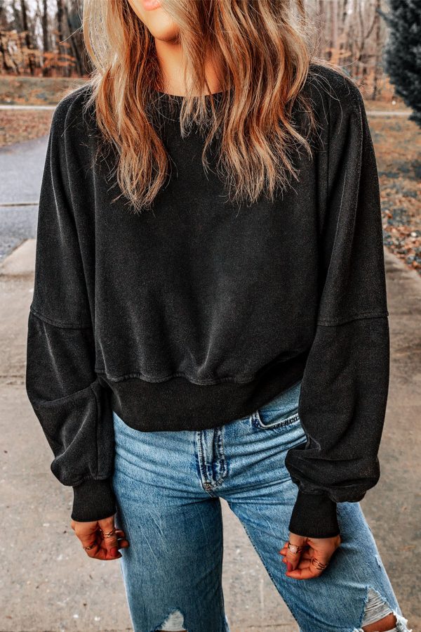 Black Acid Wash V-shape Open Back Sweatshirt Sale