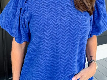 Sky Blue Solid Textured Puff Sleeve Mock Neck Blouse For Cheap