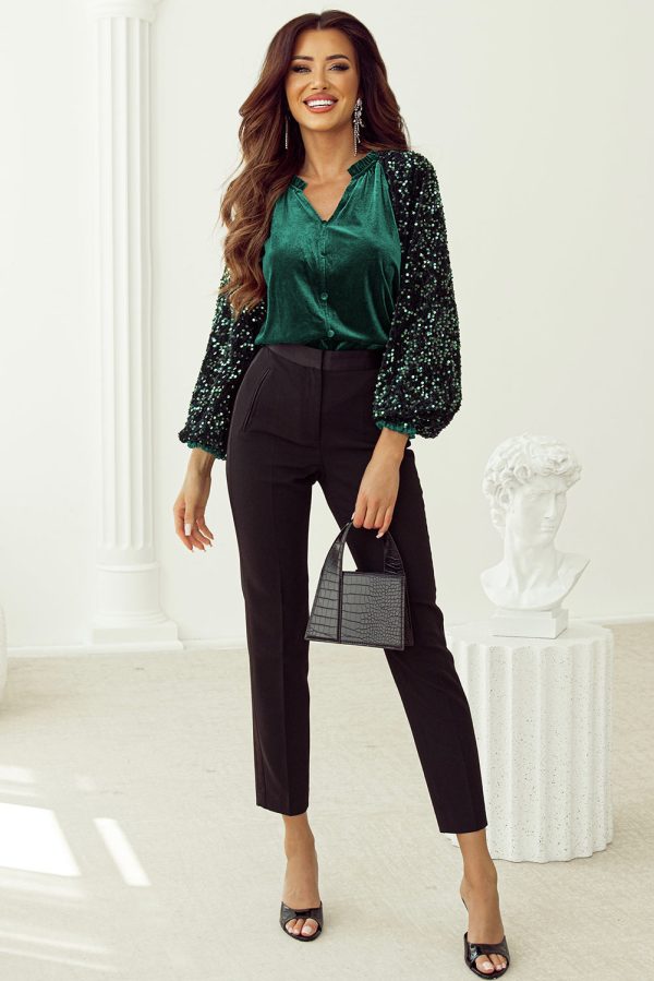 Evergreen Sequin Patchwork Sleeve Button Up Velvet Top Sale