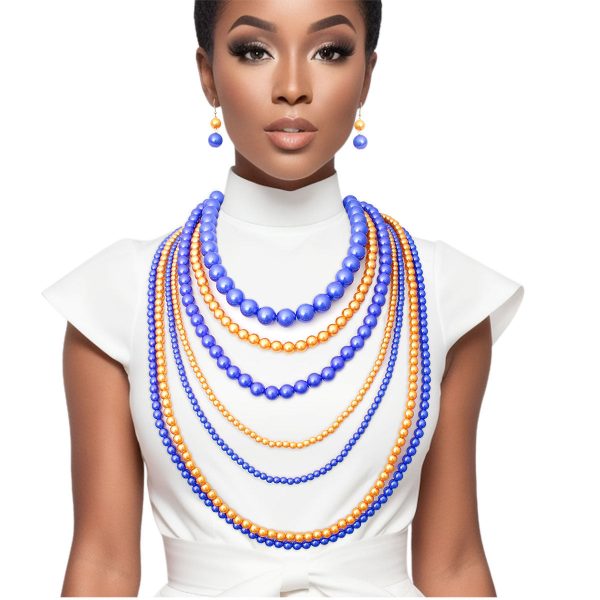 SGRHO Sorority Blue Gold Pearl Long 7 Row Necklace on Sale