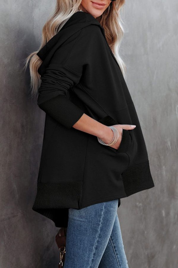 Black Batwing Sleeve Pocketed Henley Hoodie Cheap