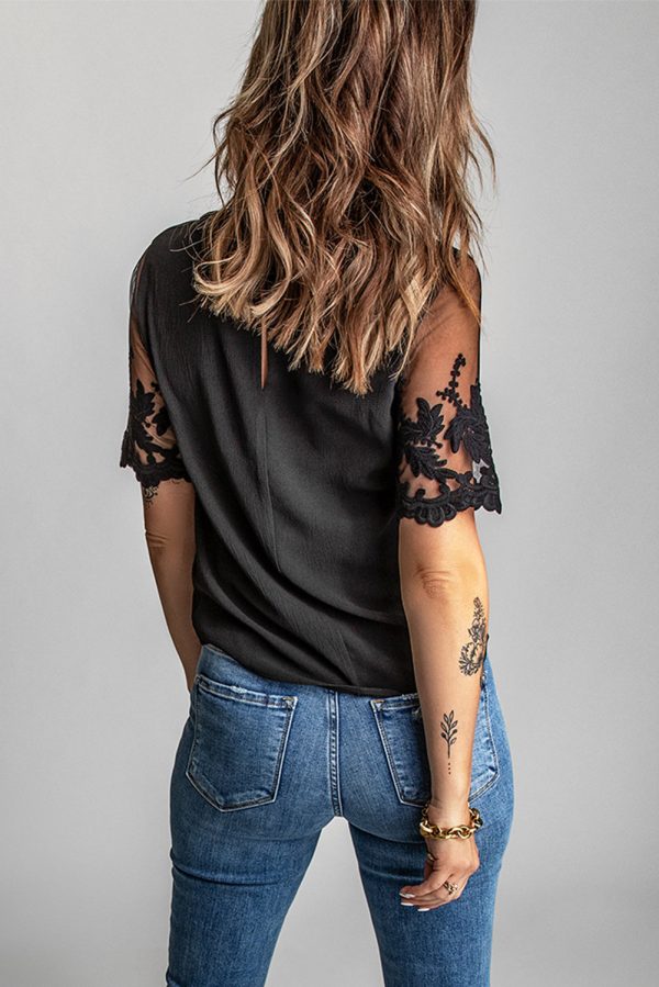 Black Floral Lace Sleeve Patchwork Top For Discount