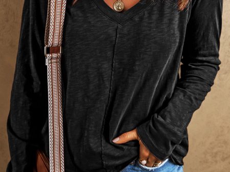 Black V Neck Center Seam Long Sleeve Tee Online Hot Sale