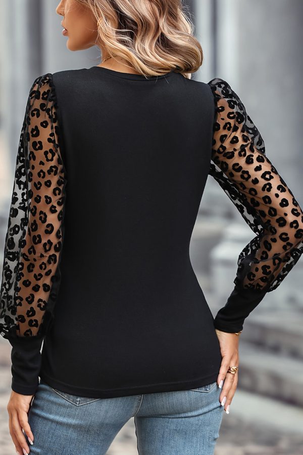 Black Leopard Mesh Puff Sleeve Patchwork Slim Fit Top For Cheap