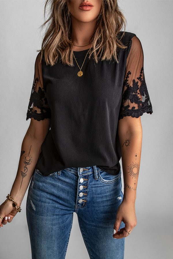 Black Floral Lace Sleeve Patchwork Top For Discount