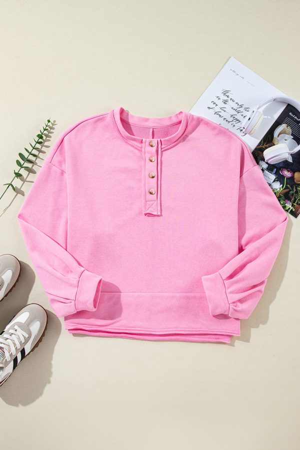 Sachet Pink Solid Color Buttoned Neckline Loose Sweatshirt Online Sale