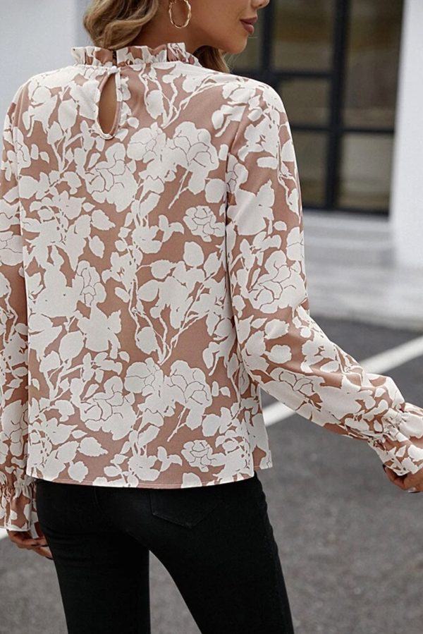 Light French Beige Floral Print Frilled Neckline Flounce Sleeve Blouse Online