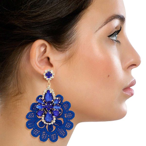 Royal Blue Fabric Lace Crystal Earrings For Sale