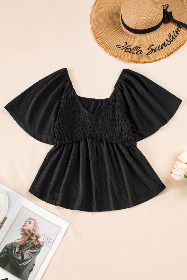 Black Shirred V Neck Short Flutter Sleeve Textured Blouse Online now