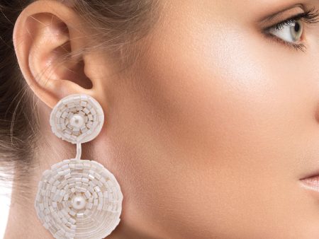 Cream Embroidered Bead Earrings Online Sale