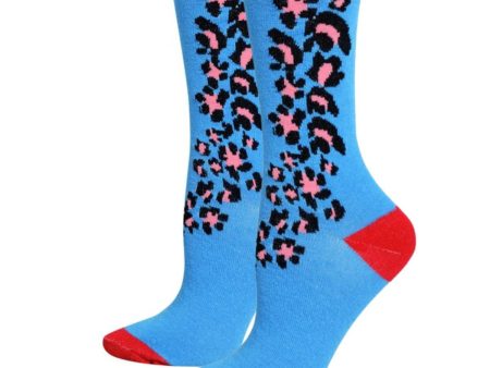 Blue Red Cheetah Crew Socks on Sale