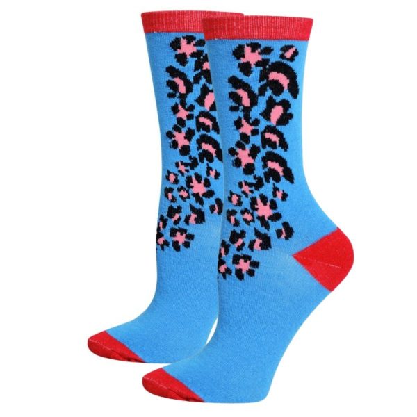 Blue Red Cheetah Crew Socks on Sale