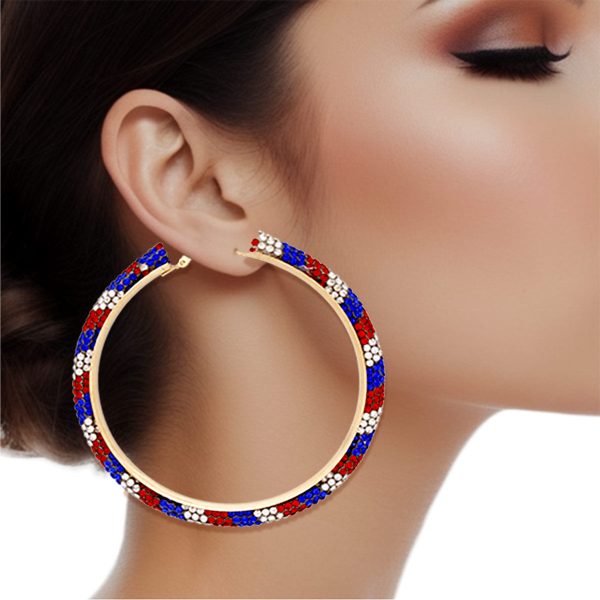 Hoop Red White Blue Tube Rhinestone 3  Earrings Hot on Sale