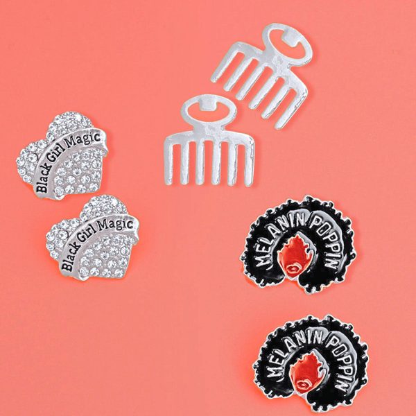 Silver 3 Pcs Black Girl Afro Studs Fashion