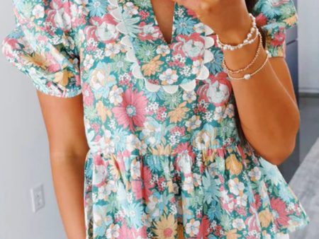 Multicolour Notched Neck Puff Short Sleeve Floral Blouse For Sale