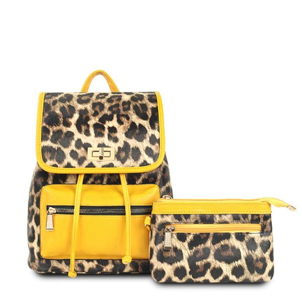 Backpack Leopard and Yellow Flap Bag Set for Women Supply