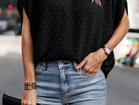 Black Swiss Dot Mock Neck Batwing Sleeve Blouse Online Sale