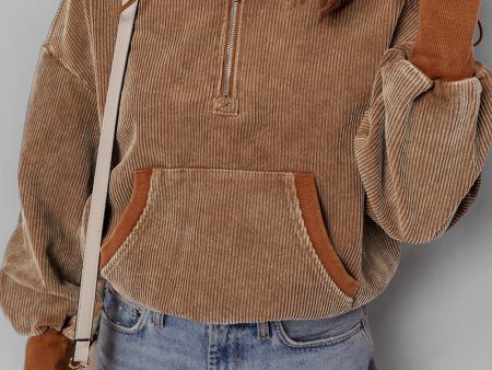 Chestnut Half Zipper Kangaroo Pocket Drawstring Corduroy Hoodie Cheap