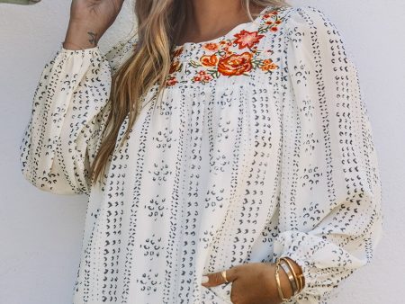 Beige Long Sleeve Embroidered Print Blouse Online Hot Sale