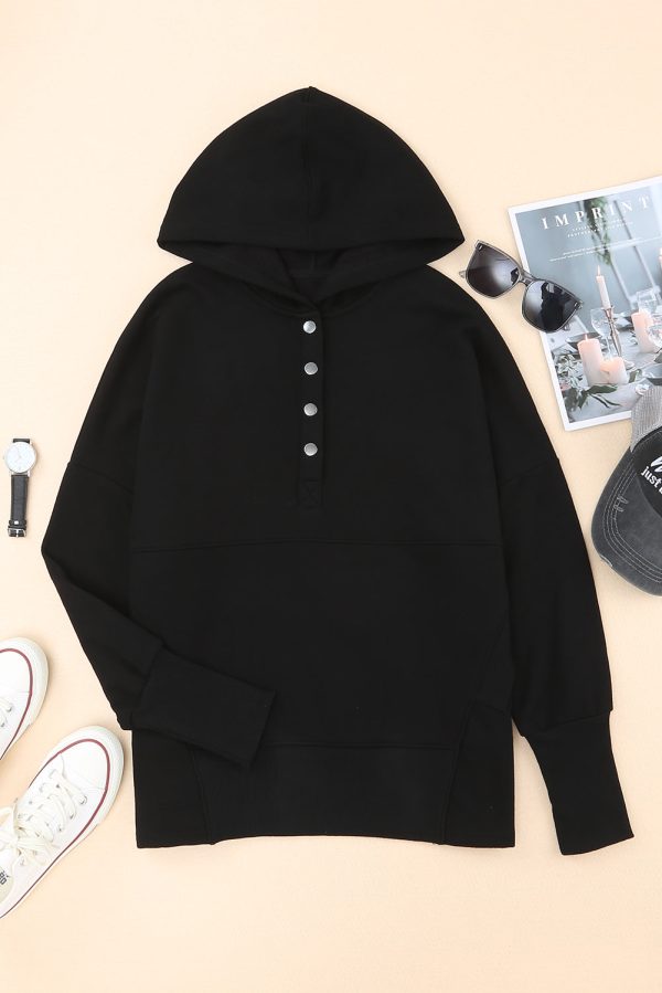 Black Batwing Sleeve Pocketed Henley Hoodie Cheap