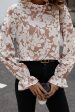 Light French Beige Floral Print Frilled Neckline Flounce Sleeve Blouse Online