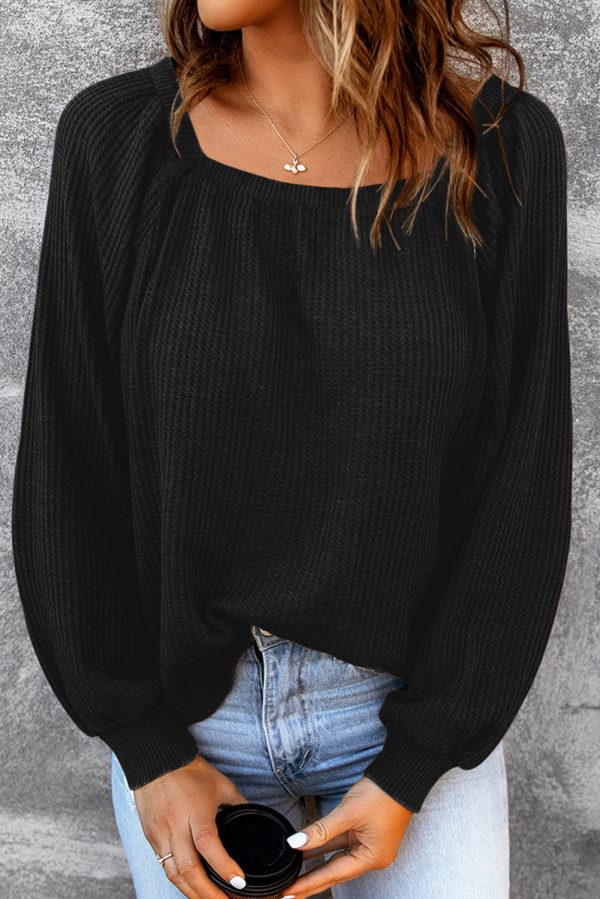 Black Scoop Neck Puff Sleeve Waffle Knit Top For Cheap