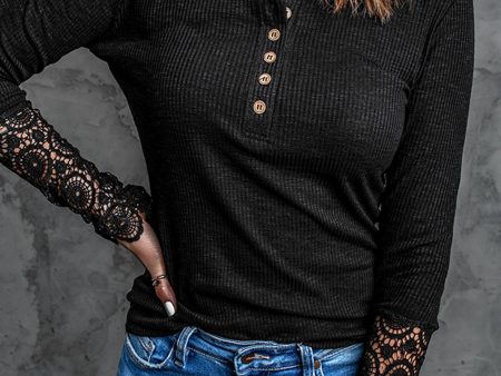 Black Crochet Lace Hem Sleeve Button Top For Discount