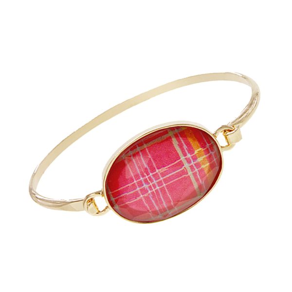 Red Oval Plaid Gold Bangle For Cheap