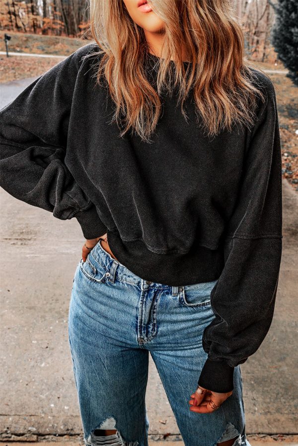 Black Acid Wash V-shape Open Back Sweatshirt Sale