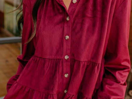 Burgundy Corduroy Ruffle Tiered Buttoned O Neck Shirt Fashion