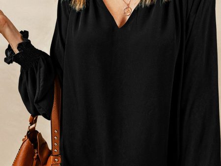 Black Pleated V Neck Puffy Sleeve Blouse Hot on Sale