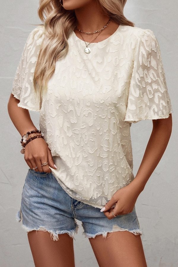 Beige Elegant Jacquard Butterfly Sleeve Blouse For Discount