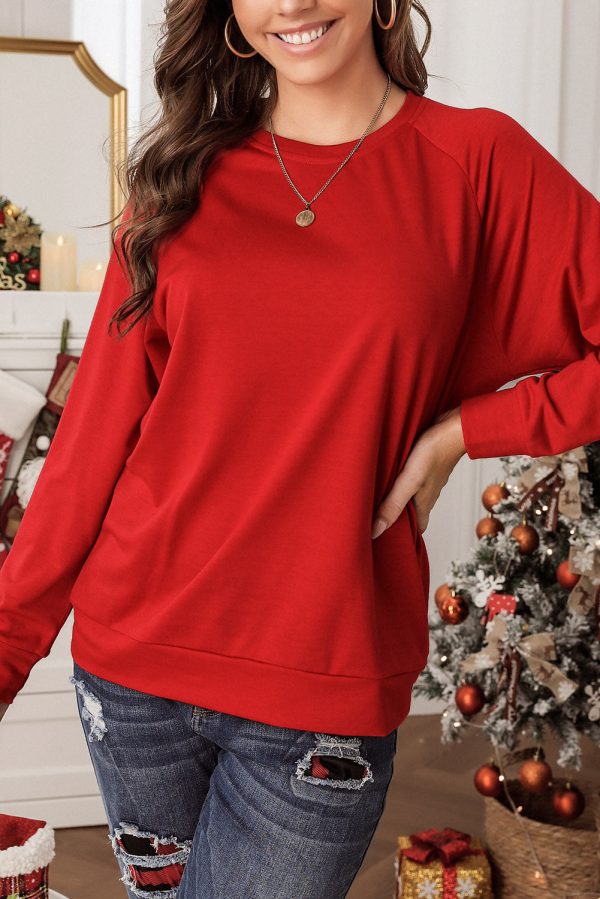 Fiery Red Solid Round Neck Raglan Sleeve Sweatshirt Online Hot Sale