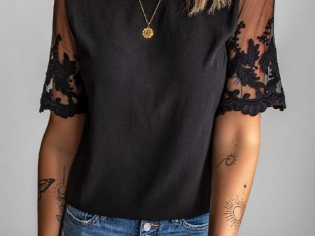 Black Floral Lace Sleeve Patchwork Top For Discount