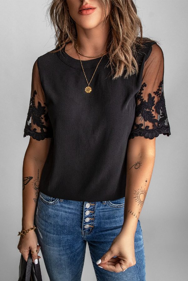 Black Floral Lace Sleeve Patchwork Top For Discount