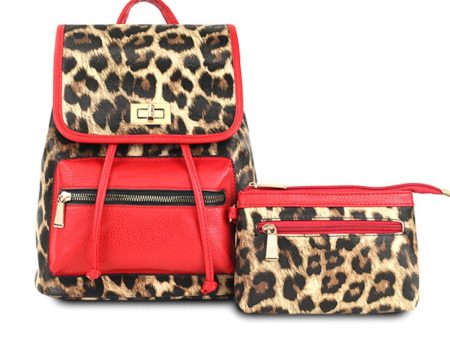 Backpack Leopard and Red Flap Bag Set for Women Supply