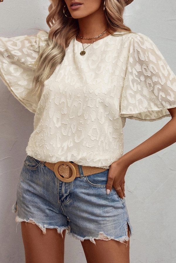 Beige Elegant Jacquard Butterfly Sleeve Blouse For Discount