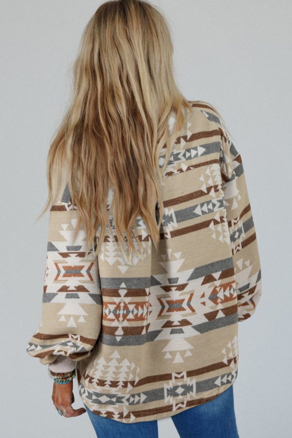 Apricot Aztec Print Collared Flap Pocket Sweatshirt on Sale