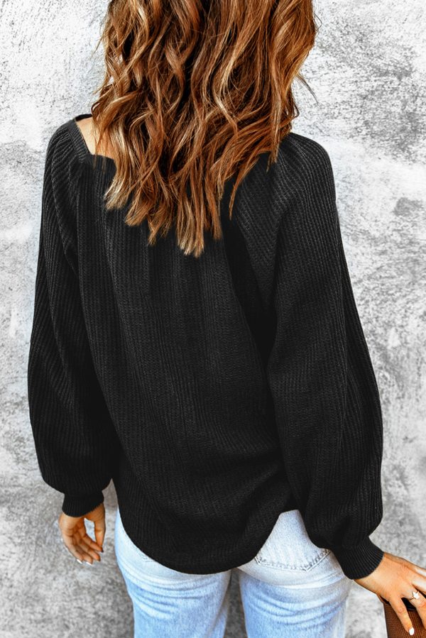 Black Scoop Neck Puff Sleeve Waffle Knit Top For Cheap