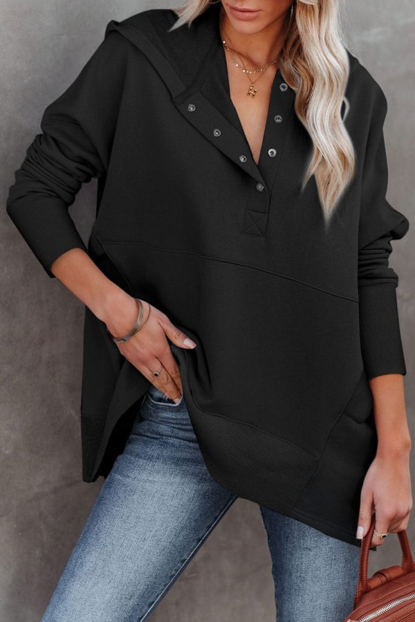 Black Batwing Sleeve Pocketed Henley Hoodie Cheap