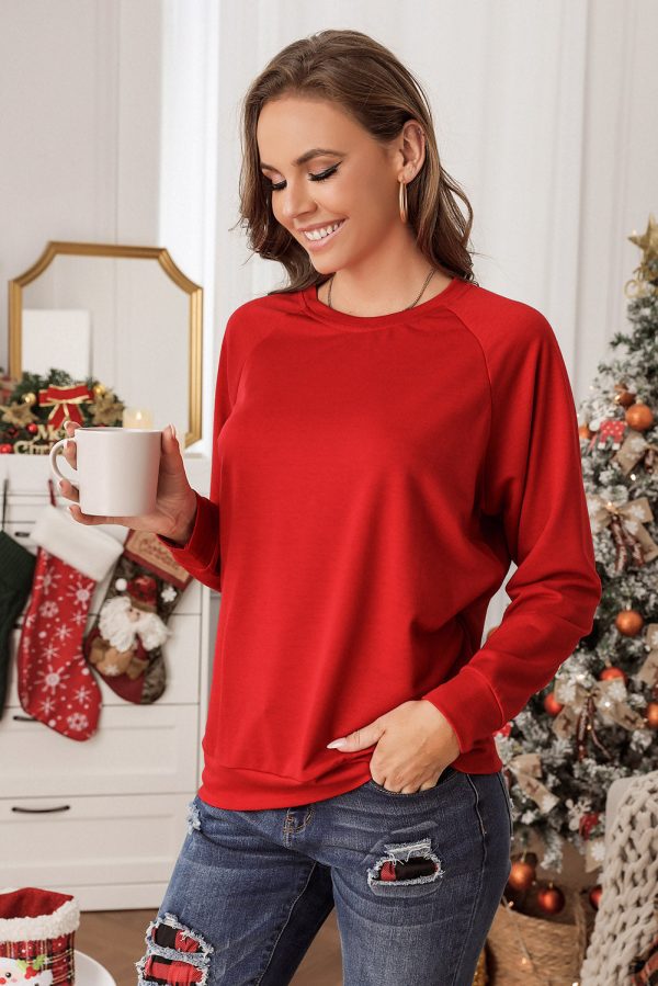 Fiery Red Solid Round Neck Raglan Sleeve Sweatshirt Online Hot Sale