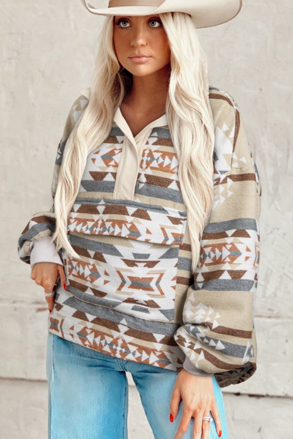 Apricot Aztec Print Collared Flap Pocket Sweatshirt on Sale