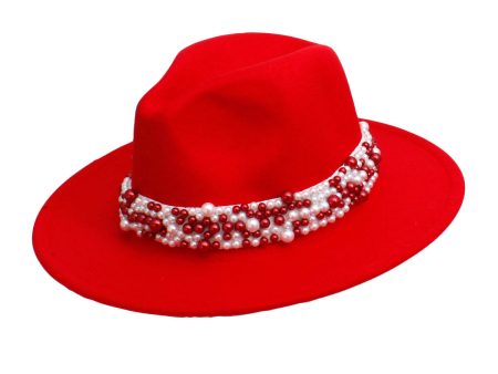 DST Sorority Red Fedora Pearl Band Hat for Women Hot on Sale