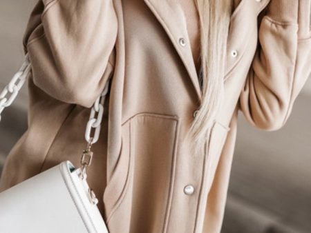 Beige Solid Color Pocketed Button Up Loose Hoodie Hot on Sale