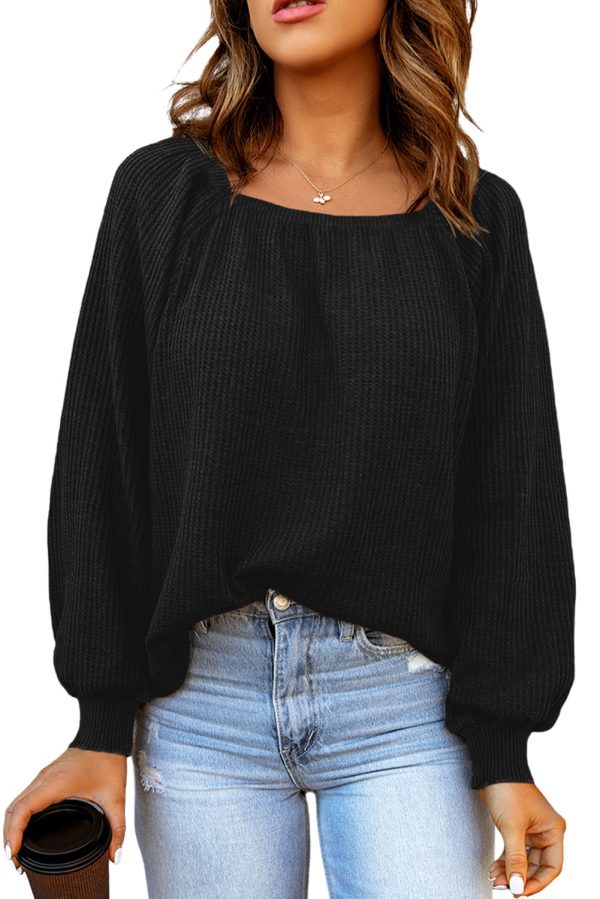 Black Scoop Neck Puff Sleeve Waffle Knit Top For Cheap