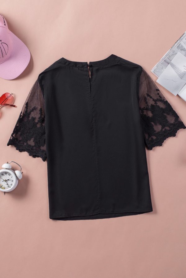 Black Floral Lace Sleeve Patchwork Top For Discount