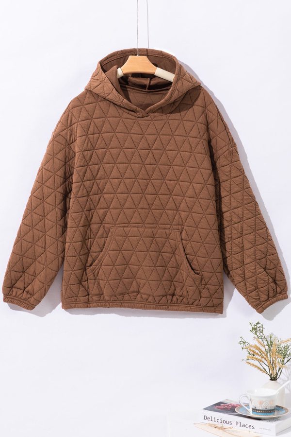 Coffee Solid Color Quilted Kangaroo Pocket Hoodie Hot on Sale