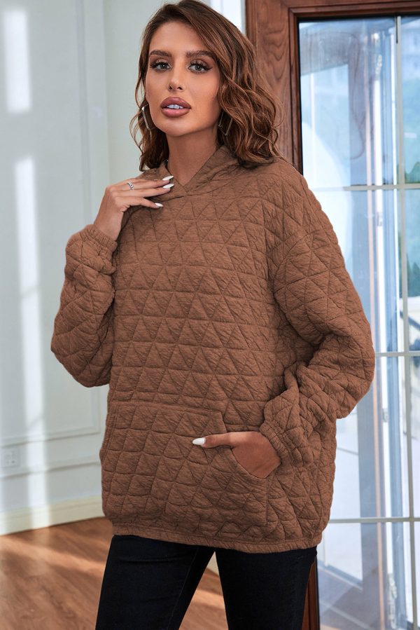 Coffee Solid Color Quilted Kangaroo Pocket Hoodie Hot on Sale