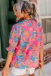 Rose Frilly Mock Neck Short Puff Sleeve Floral Blouse For Discount